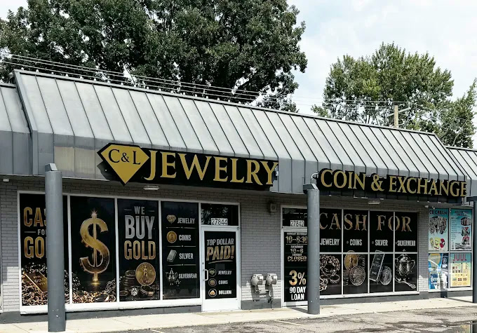 The storefront on W. Warren Ave with the C & L Jewelry Coin & Exchange sign